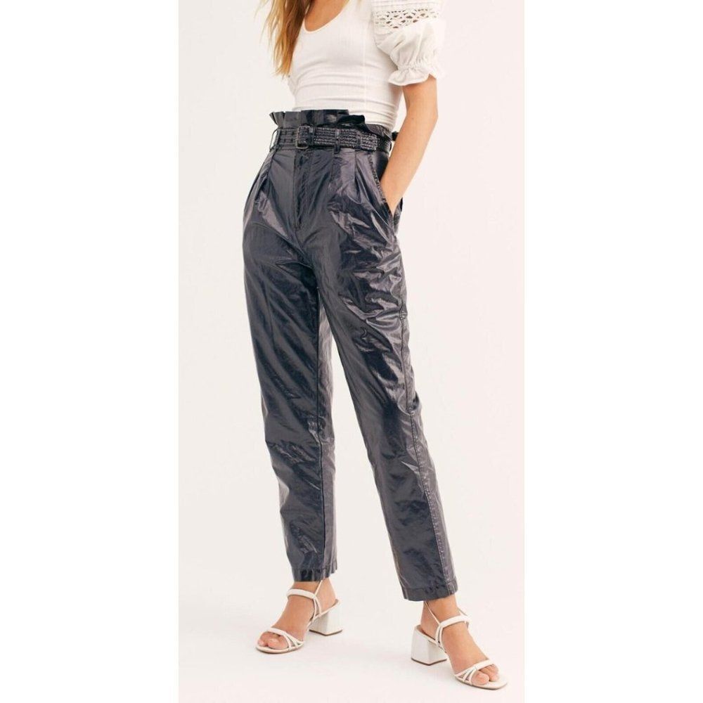Free People Wonder Woman Faux Leather Belted Paperbag Pants Navy Blue NWOT 12